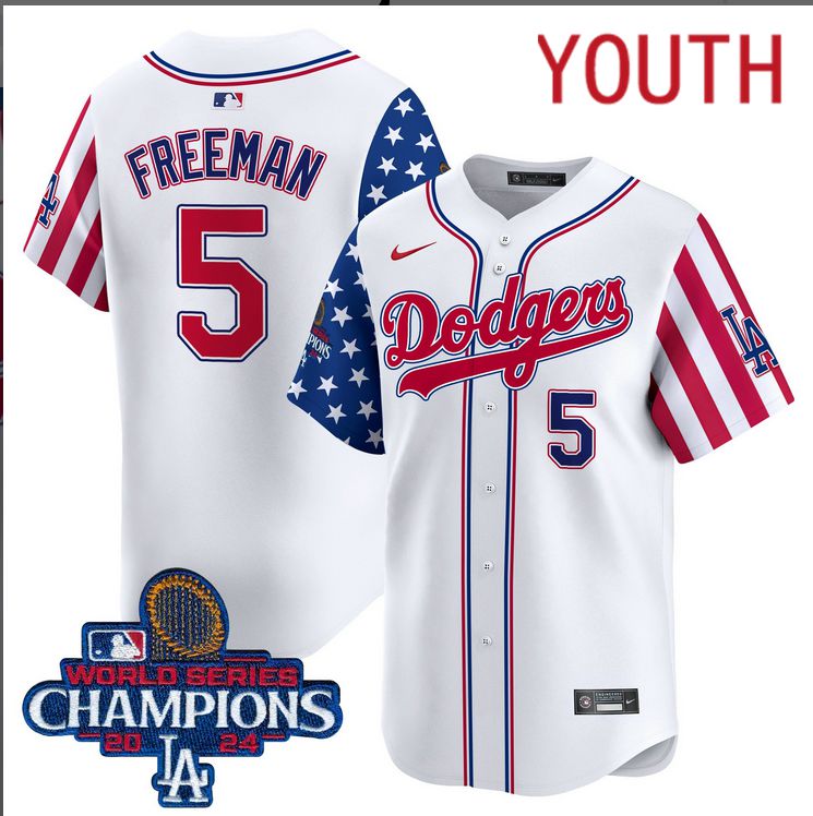 Youth MLB Los Angeles Dodgers 5 Freeman American Style white 2024 World Series Champions Limited Jersey